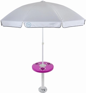 Manufacturers' Select ITC Round Boat Table with Umbrella and Table Leg for Pontoon, Dock, or Deck Boat – Fun Bright Colored Tabletop with 3 Extra-Large Drink Holders (Magenta Pink w/Silver Leg)
