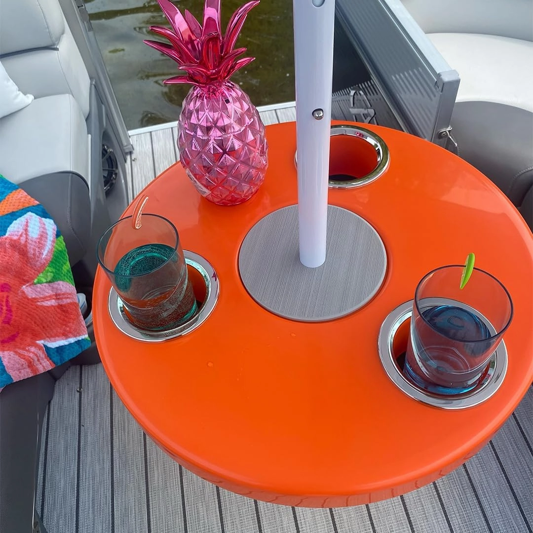 Manufacturers' Select ITC Round Boat Table with Umbrella and Table Leg for Pontoon, Dock, or Deck Boat – Fun Bright Colored Tabletop with 3 Extra-Large Drink Holders (Orange w/Silver Leg)