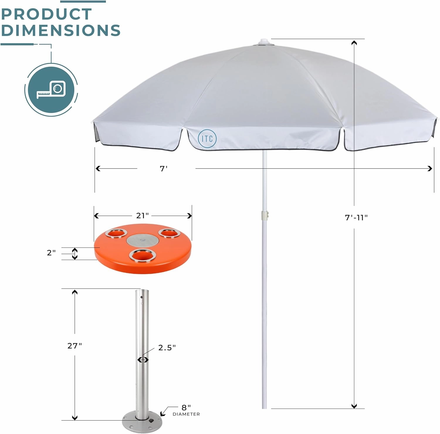 Manufacturers' Select ITC Round Boat Table with Umbrella and Table Leg for Pontoon, Dock, or Deck Boat – Fun Bright Colored Tabletop with 3 Extra-Large Drink Holders (Orange w/Silver Leg)