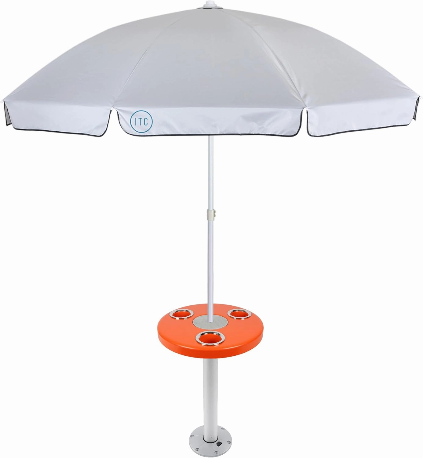 Manufacturers' Select ITC Round Boat Table with Umbrella and Table Leg for Pontoon, Dock, or Deck Boat – Fun Bright Colored Tabletop with 3 Extra-Large Drink Holders (Orange w/Silver Leg)