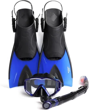 Mask Fin Snorkel Set, Adults Snorkeling Gear Panoramic Diving Mask and Dry Top Snorkel and Dive Flippers Kit with Travel Bag for Swimming Training, Snorkeling