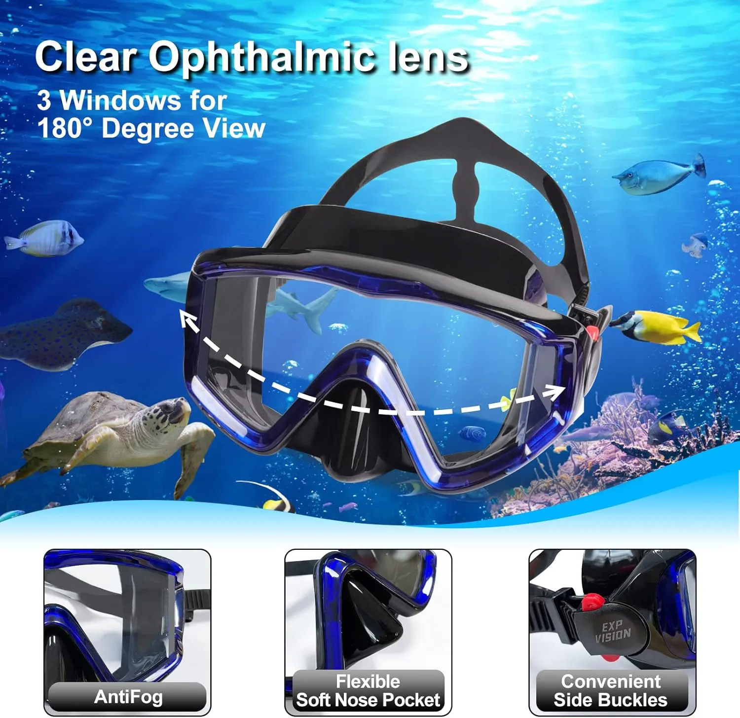 Mask Fin Snorkel Set, Adults Snorkeling Gear Panoramic Diving Mask and Dry Top Snorkel and Dive Flippers Kit with Travel Bag for Swimming Training, Snorkeling