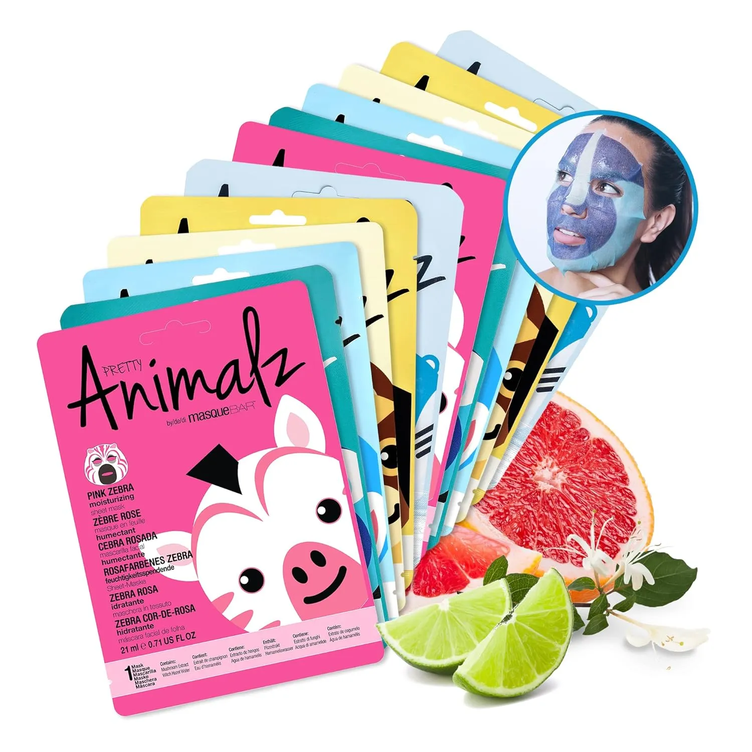 masque BAR Pretty Animalz Facial Sheet Masks, Fun & Unique Skincare Face Mask with Animal Character Prints, Hydrating & Soothing Korean Facial Mask, Nourishing & Exfoliating Skin Care, Pack of 12