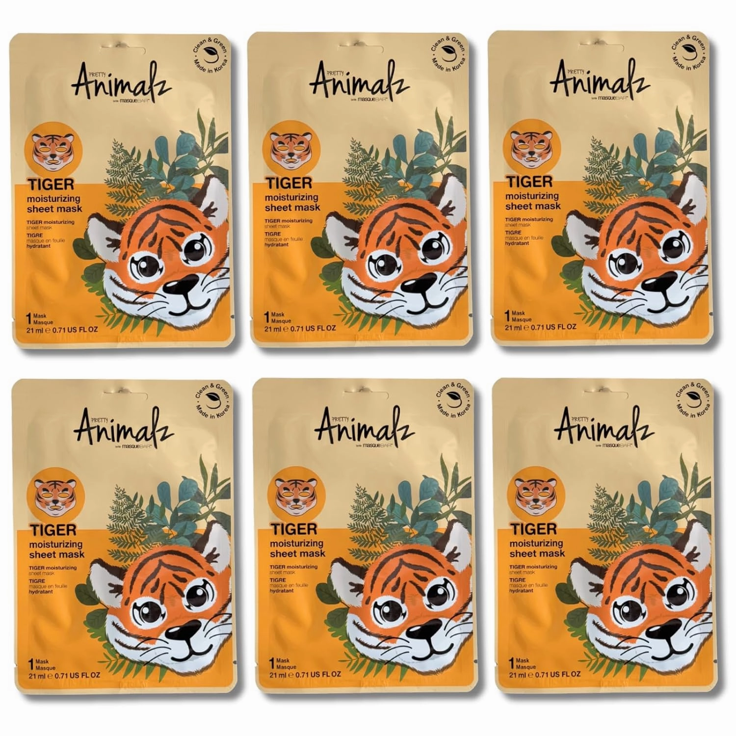 masque BAR Pretty Animalz Facial Sheet Mask (6 Pack),Korean Beauty Skin Care Treatment, Heals Blemishes, Anti-Inflammatory, Soothes, Hydrates,Spa Fun Face Mask Sheets Animal Characters (Tiger 6 Pack)