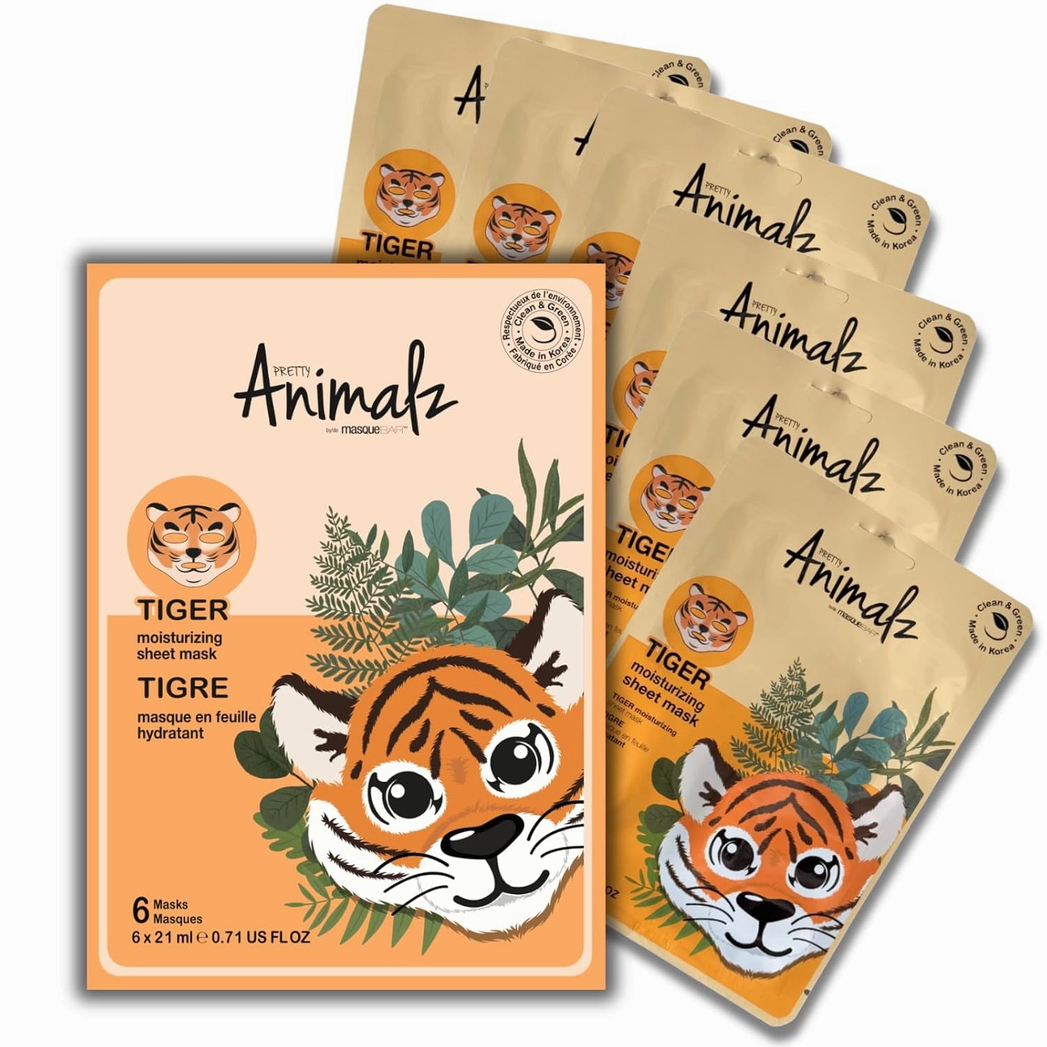 masque BAR Pretty Animalz Facial Sheet Mask (6 Pack),Korean Beauty Skin Care Treatment, Heals Blemishes, Anti-Inflammatory, Soothes, Hydrates,Spa Fun Face Mask Sheets Animal Characters (Tiger 6 Pack)