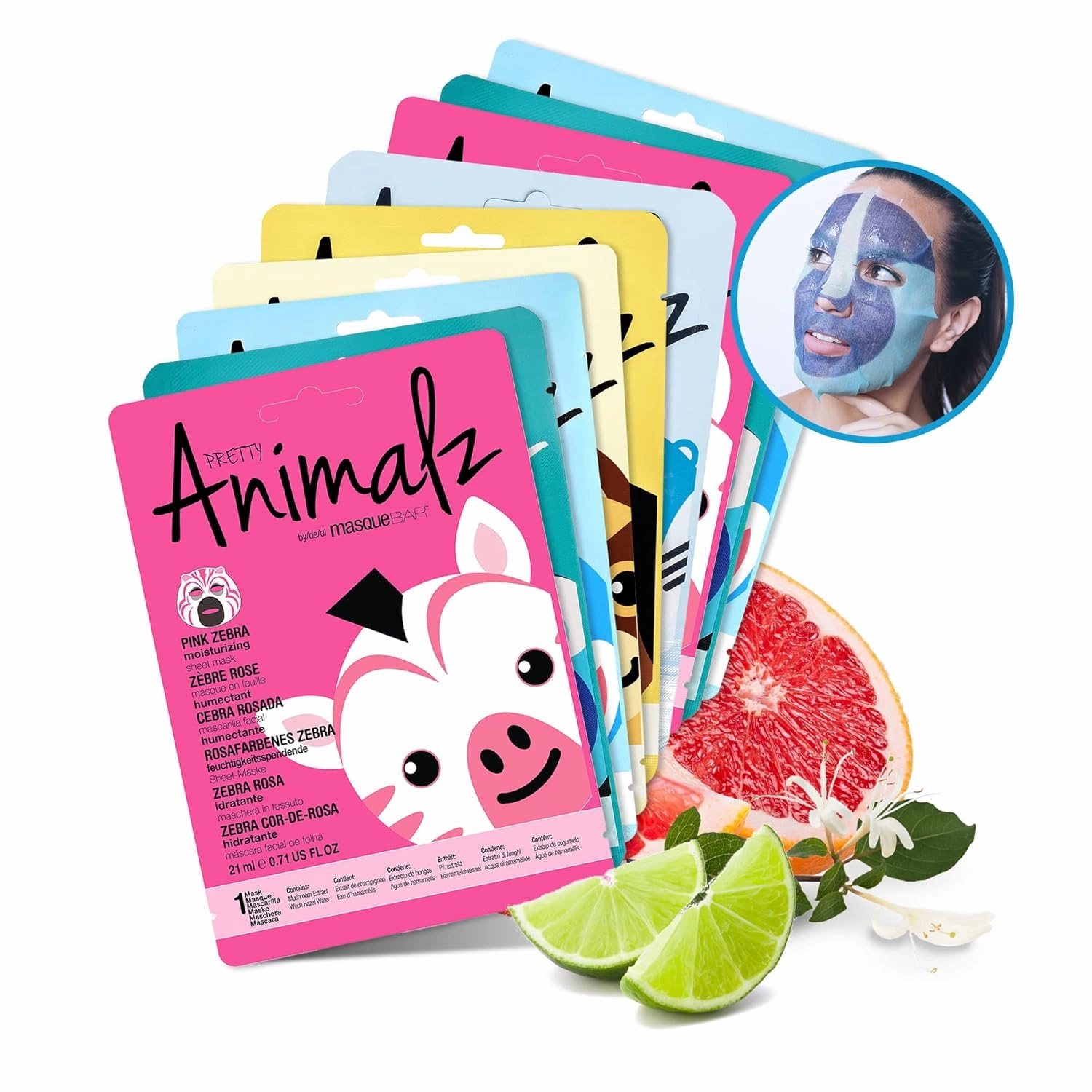 masque BAR Pretty Animalz Facial Sheet Masks, Fun & Unique Skincare Face Mask with Animal Character Prints, Hydrating & Soothing Korean Facial Mask, Nourishing & Exfoliating Skin Care, Pack of 9