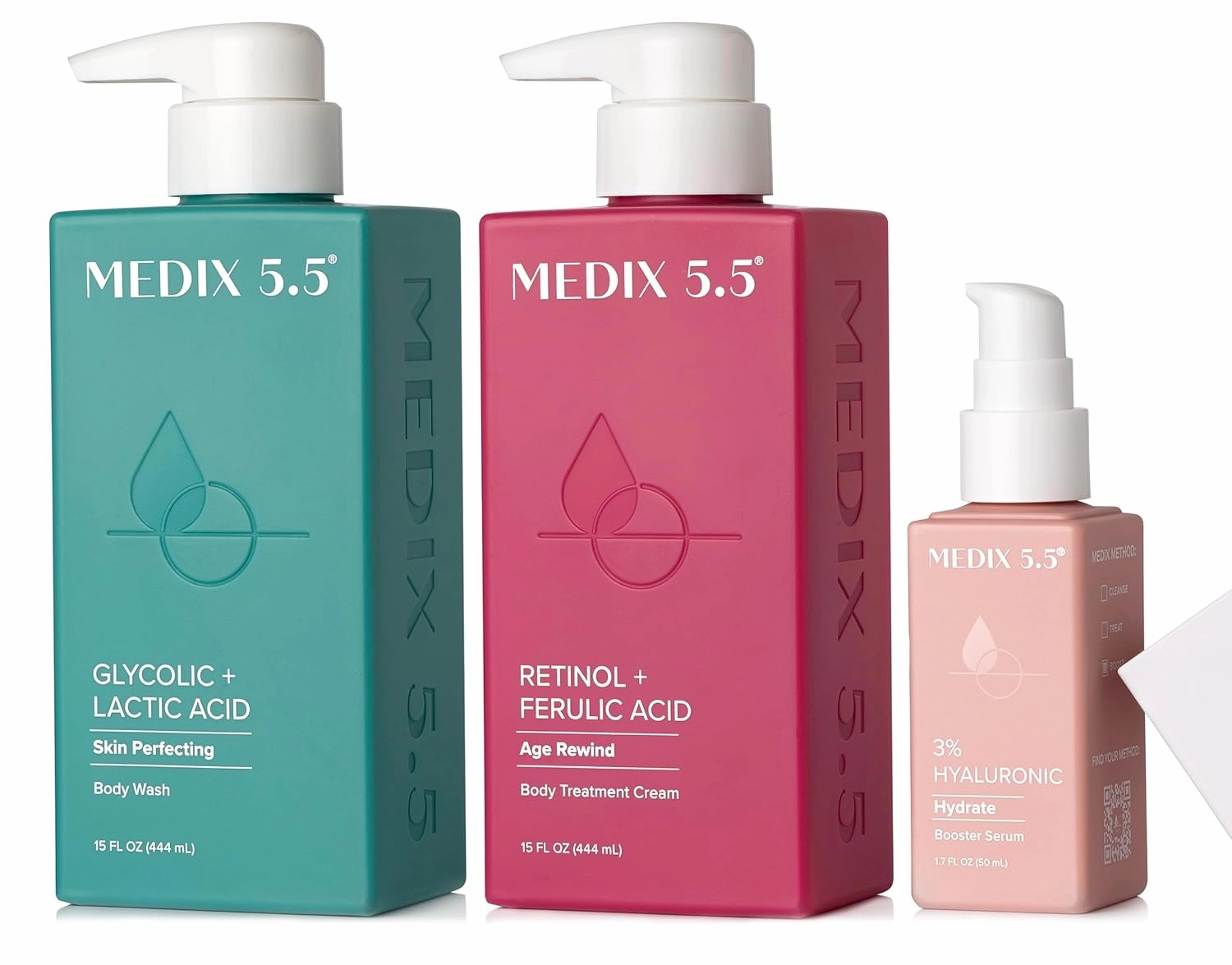 Medix 5.5 Glycolic Acid Exfoliating Body Wash   Retinol Age Rewind Body Treatment Cream   3% Hyaluronic Acid Hydrating Serum Set