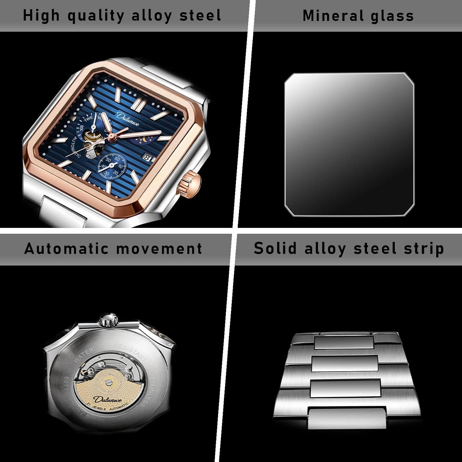 Men's Watch Automatic Square Multi-Function Small Dial, Second Hand Chronograph, 24-Hour Display, Day and Night Display, 30M Waterproof