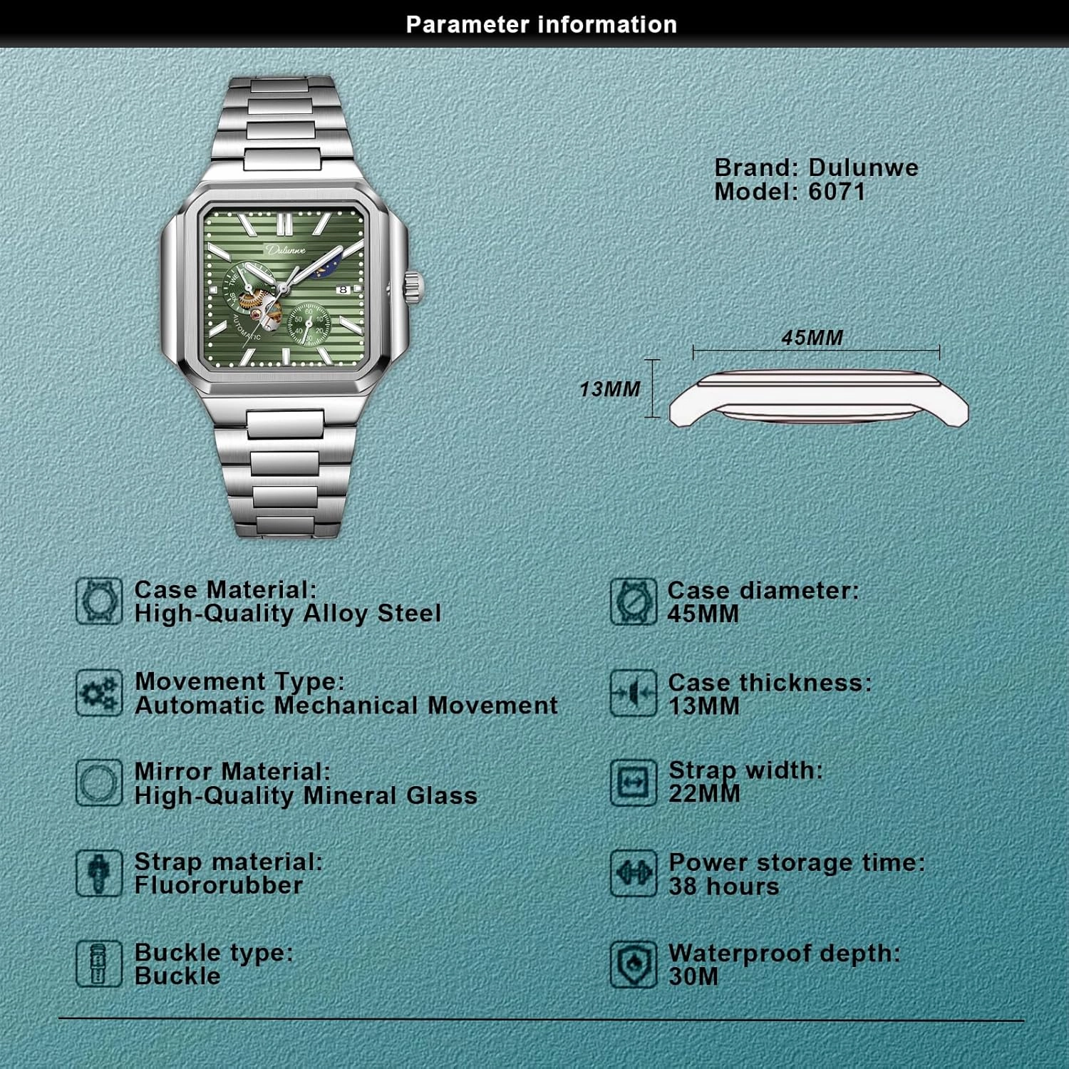 Men's Watch Automatic Square Multi-Function Small Dial, Second Hand Chronograph, 24-Hour Display, Day and Night Display, 30M Waterproof