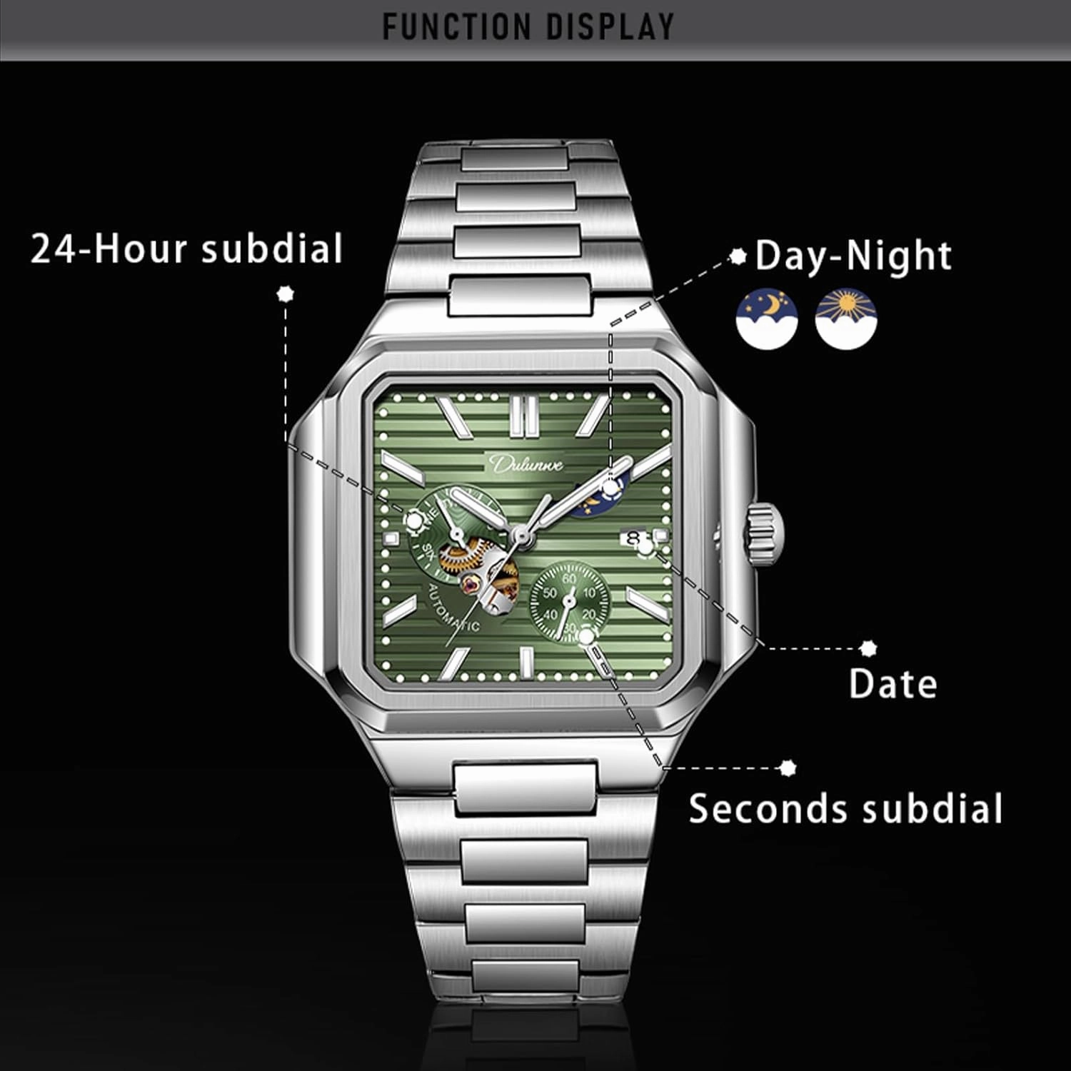Men's Watch Automatic Square Multi-Function Small Dial, Second Hand Chronograph, 24-Hour Display, Day and Night Display, 30M Waterproof