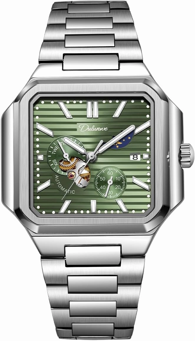 Men's Watch Automatic Square Multi-Function Small Dial, Second Hand Chronograph, 24-Hour Display, Day and Night Display, 30M Waterproof