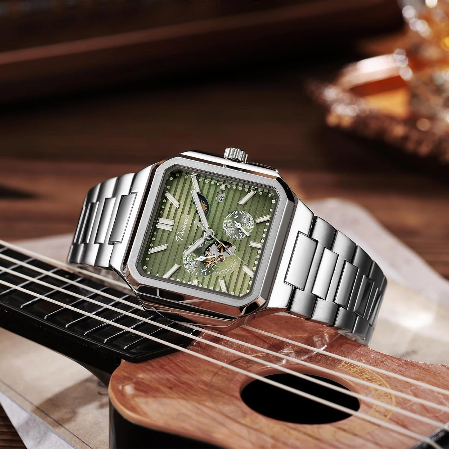 Men's Watch Automatic Square Multi-Function Small Dial, Second Hand Chronograph, 24-Hour Display, Day and Night Display, 30M Waterproof