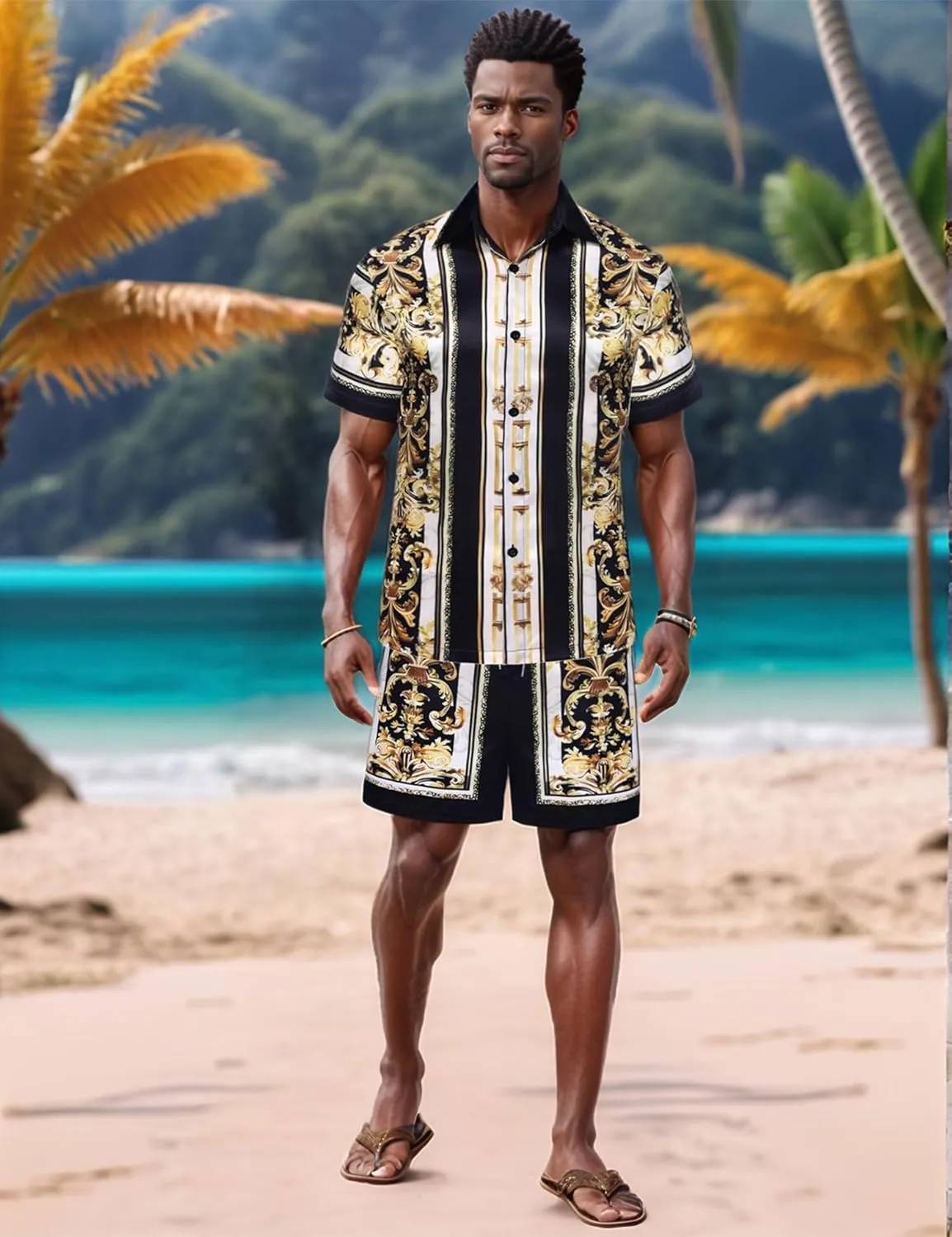 Mens Hawaiian Shirt Sets Satin Silk Casual Button Down Shirts 2 Piece Luxury Summer Beach Outfits for Men