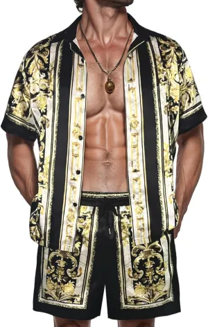 Mens Hawaiian Shirt Sets Satin Silk Casual Button Down Shirts 2 Piece Luxury Summer Beach Outfits for Men