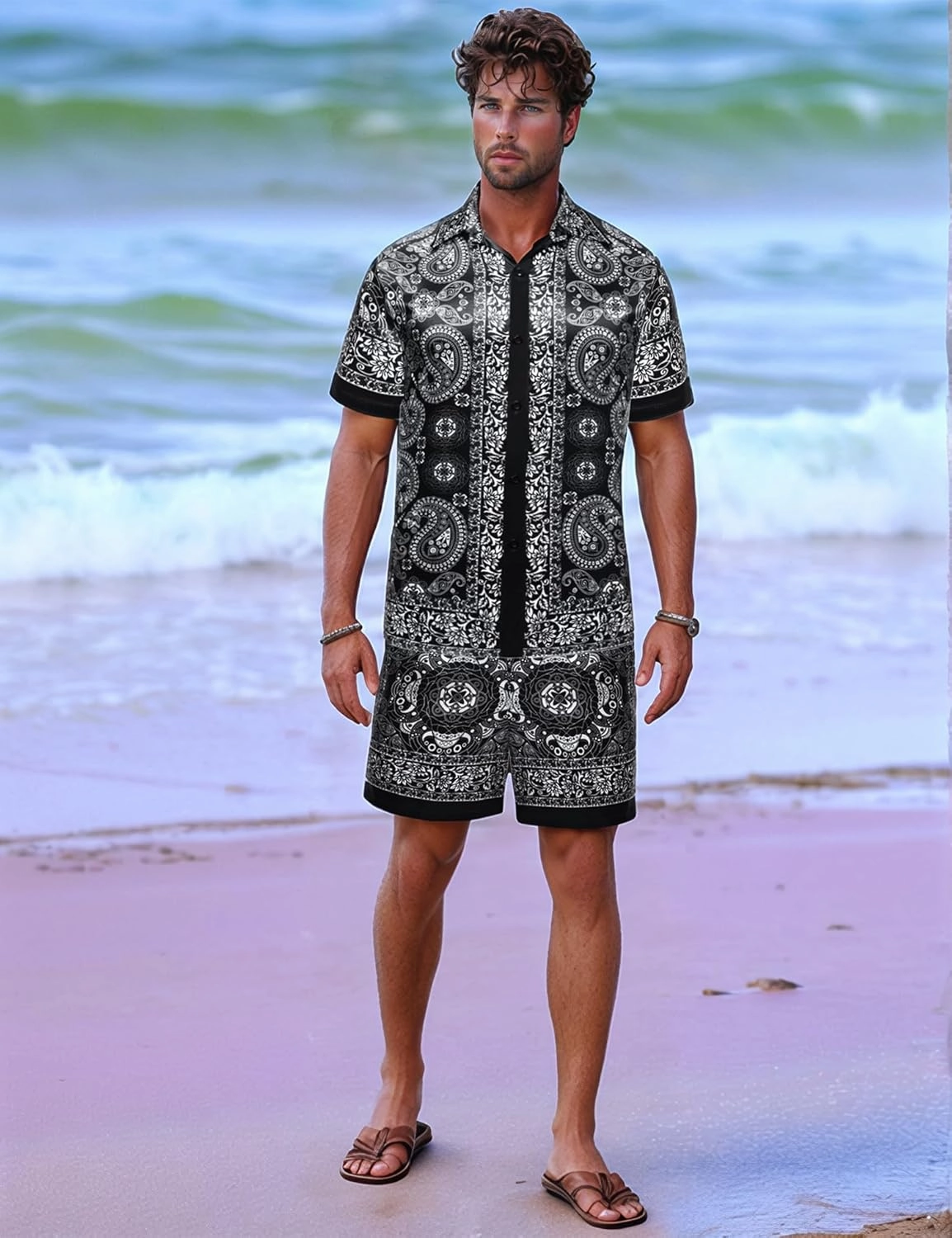 Mens Hawaiian Shirt Sets Satin Silk Casual Button Down Shirts 2 Piece Luxury Summer Beach Outfits for Men