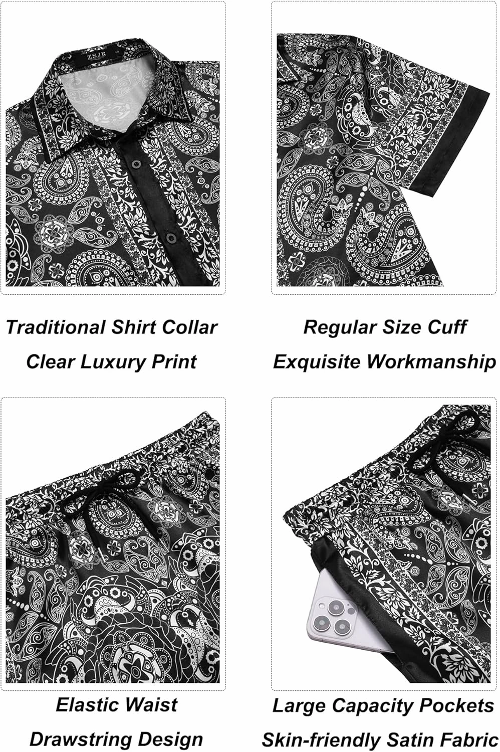 Mens Hawaiian Shirt Sets Satin Silk Casual Button Down Shirts 2 Piece Luxury Summer Beach Outfits for Men