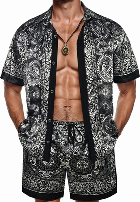 Mens Hawaiian Shirt Sets Satin Silk Casual Button Down Shirts 2 Piece Luxury Summer Beach Outfits for Men