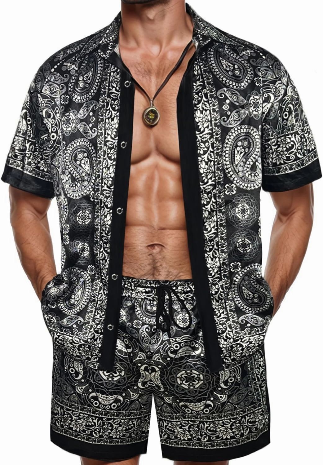 Mens Hawaiian Shirt Sets Satin Silk Casual Button Down Shirts 2 Piece Luxury Summer Beach Outfits for Men