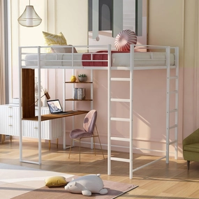 Merax Modern Full Loft Bed with Ladder Heavy Metal Bunk Bed with Desk for Junior Teens Adults Easy Assemble White