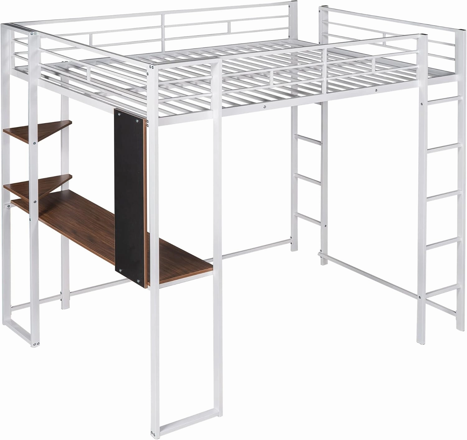 Merax Modern Full Loft Bed with Ladder Heavy Metal Bunk Bed with Desk for Junior Teens Adults Easy Assemble White