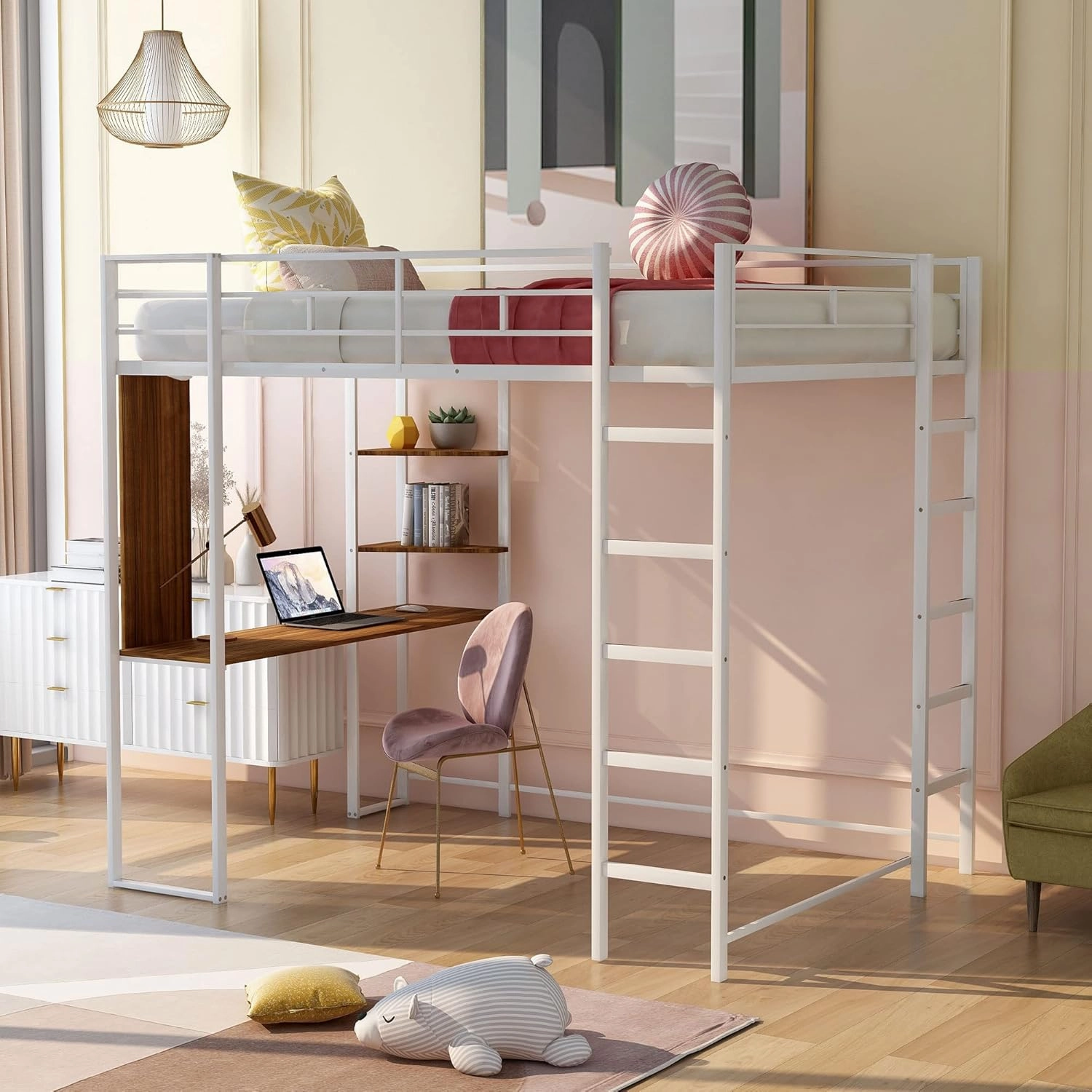 Merax Modern Full Loft Bed with Ladder Heavy Metal Bunk Bed with Desk for Junior Teens Adults Easy Assemble White