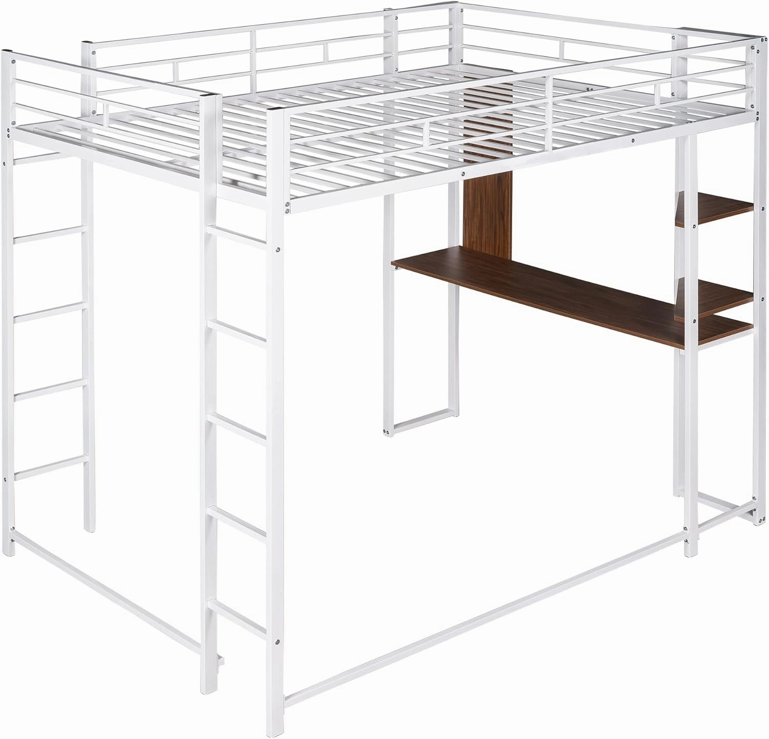 Merax Modern Full Loft Bed with Ladder Heavy Metal Bunk Bed with Desk for Junior Teens Adults Easy Assemble White
