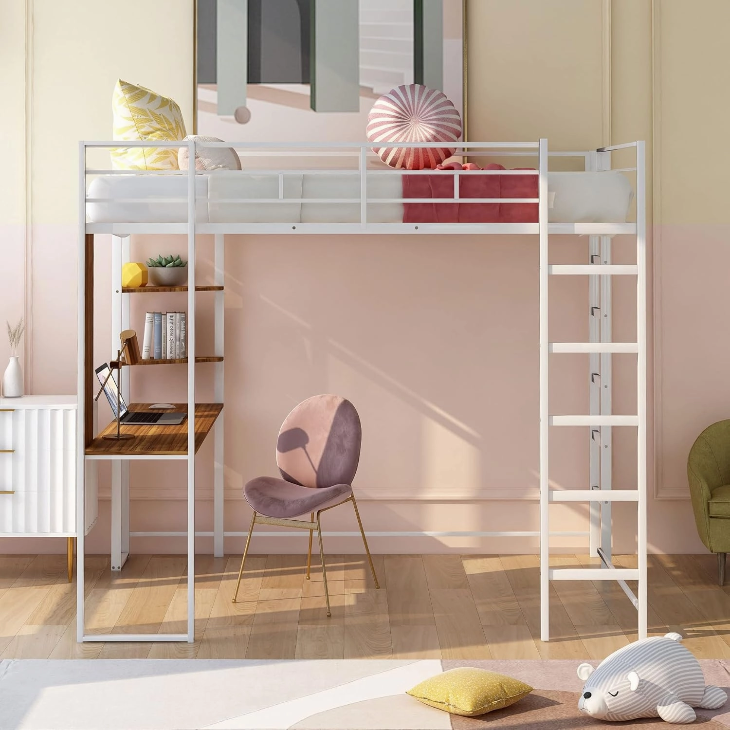 Merax Modern Full Loft Bed with Ladder Heavy Metal Bunk Bed with Desk for Junior Teens Adults Easy Assemble White