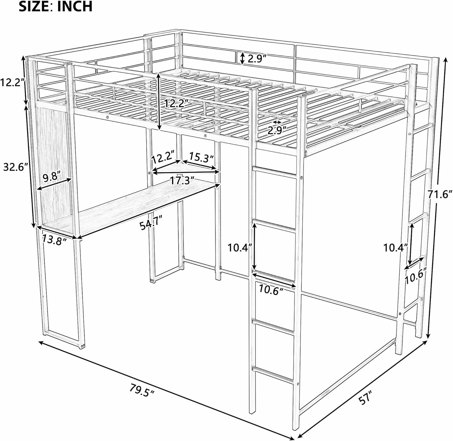Merax Modern Full Loft Bed with Ladder Heavy Metal Bunk Bed with Desk for Junior Teens Adults Easy Assemble White