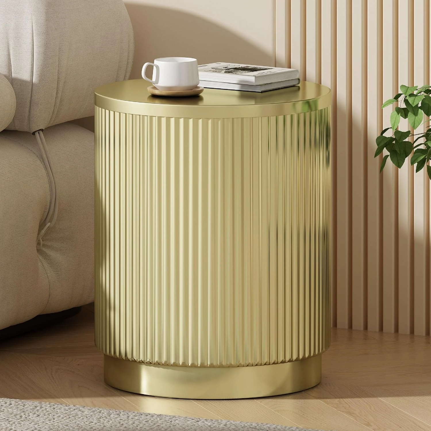 Merax Round Accent Side Table, Metal Modern End Table with Vertical Stripes & Pedestal, Small Iron Drink Tables for Living Room, Bedroom Circle Night Stand Bedside Table, No Assembly Required, Gold