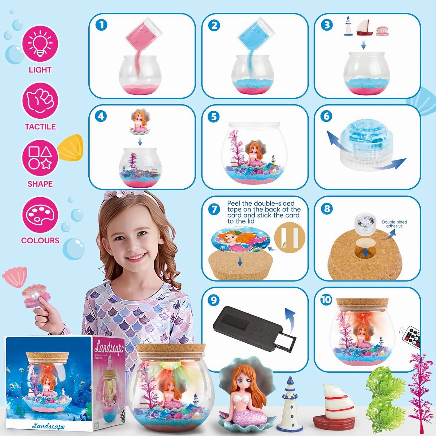 Mermaid DIY Terrarium Kit - Mermaid Craft Toys for Girls Age 6-8, DIY Light Up Terrarium Kit Gifts for Kids 6-12