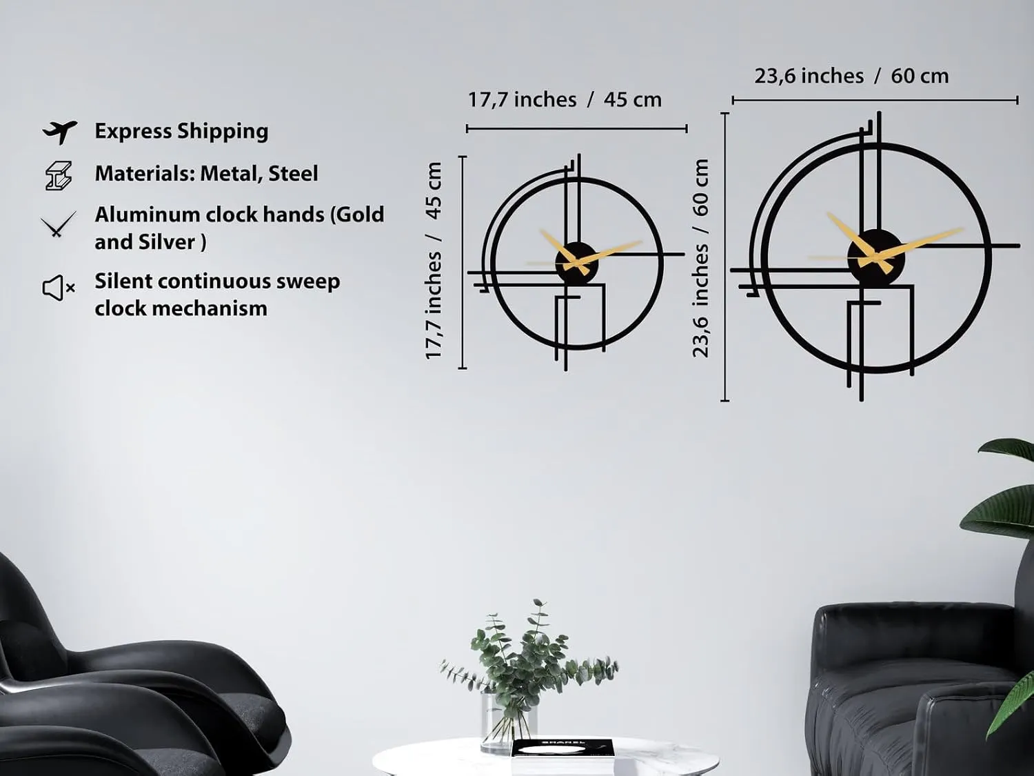 Metal Wall Clock – Stylish Industrial & Modern Design, 35-100 cm (13.8"-39.4") – Premium Quality Steel, Available in Black, Silver & Gold, Easy Wall Mount, (Black, 35cm - 14 Inches)