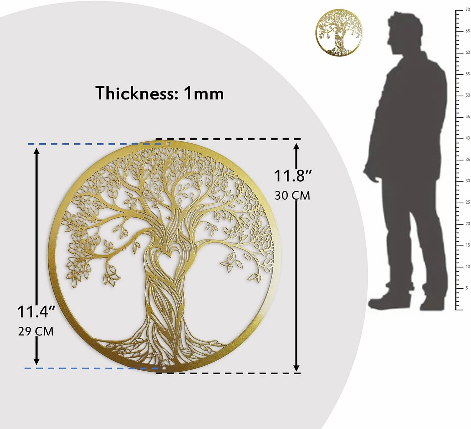 Metal Wall Decor, Tree Art Wall Sculpture, Metal Wall Art Hanging for Living Room Bedroom Indoor Outdoor, Laser Cut Rustic Black Tree of Life, 12 Inches (30 CM) (Gold, Middle)