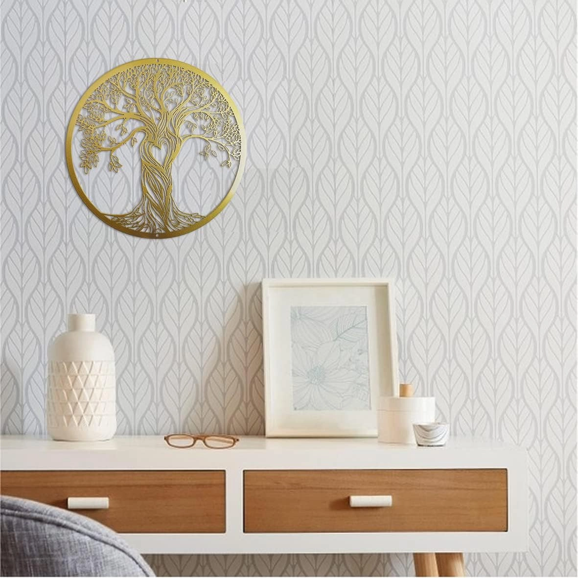 Metal Wall Decor, Tree Art Wall Sculpture, Metal Wall Art Hanging for Living Room Bedroom Indoor Outdoor, Laser Cut Rustic Black Tree of Life, 12 Inches (30 CM) (Gold, Middle)