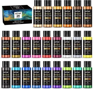 Metallic Acrylic Paint Set, 24 Metallic Colors in 2 oz/60ml Bottles, Metallic Shining Acrylic Paint, Rich Pigments Paint Perfect for Artists, Beginners on Canvas, Rocks, Wood, Fabric, Ceramic