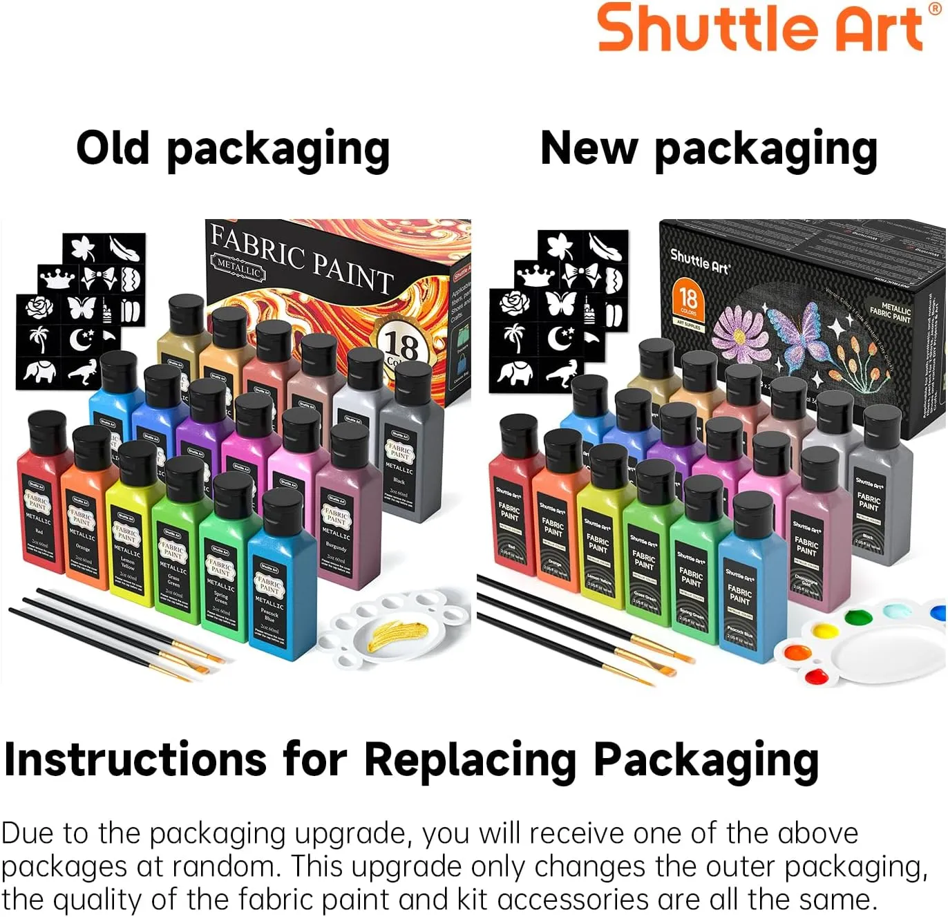 Metallic Fabric Paint, Shuttle Art 18 Metallic Colors Permanent Soft Fabric Paint in Bottles (60ml/2oz) with Brush and Stencils, Non-Toxic Textile Paint for T-shirts, Shoes, Jeans, Bags & DIY Projects