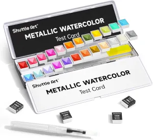 Metallic Watercolor Paints, Shuttle Art 24 Colors Glitter Watercolor Paint in Half Pans with Water Brush Pen Watercolor Pad &Mental Box, Art Supplies for WatercolorPainting, Illustrations, Calligraphy