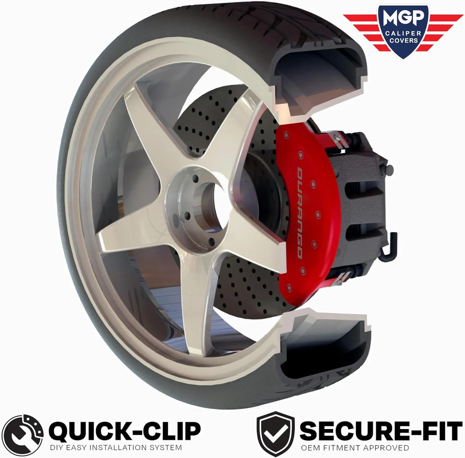 MGP Brake Caliper Covers for 2011-2024 Dodge Durango (Requires 17" Wheels or Larger) Red Powder-Coated Finish, Engraved Silver RT1-Truck Logo, Aluminum Front and Rear Caliper Covers (Set of 4)