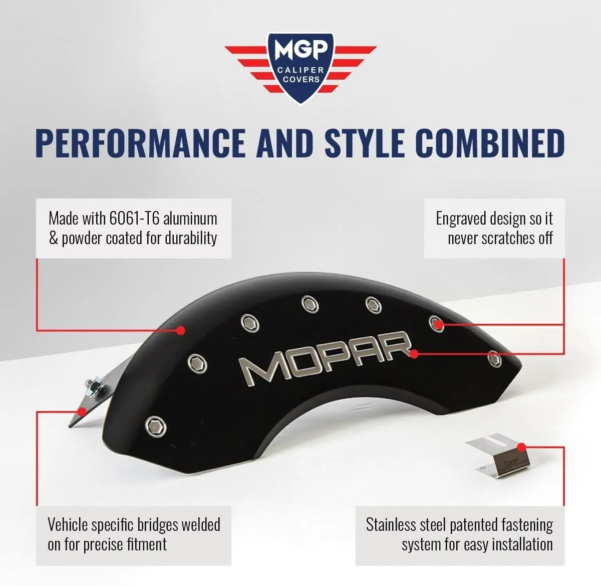 MGP Brake Caliper Covers for 2011-2024 Dodge Durango (Requires 17" Wheels or Larger) Red Powder-Coated Finish, Engraved Silver RT1-Truck Logo, Aluminum Front and Rear Caliper Covers (Set of 4)