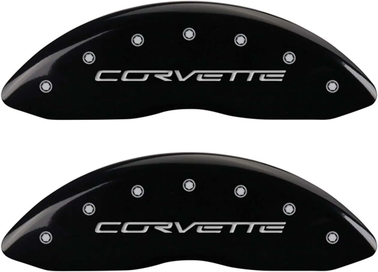 MGP Brake Caliper Covers for Chevrolet Corvette 2005-2013 with Black Powder Coat Finish Engraved Silver Corvette Logo, Front and Rear Caliper Cover (Set of 4)