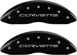 MGP Brake Caliper Covers for Chevrolet Corvette 2005-2013 with Black Powder Coat Finish Engraved Silver Corvette Logo, Front and Rear Caliper Cover (Set of 4)