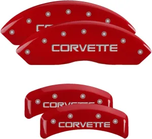 MGP Brake Caliper Covers for Chevrolet Corvette C4 1988-1996 with Red Powder Coat Finish, Engraved with Silver/Gold C4 Logo (Set of 4)