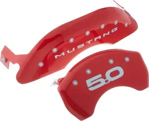 MGP Brake Caliper Covers for Ford Mustang GT, GT Premium 2015-2023 - Red Powder-Coated Finish, Engraved Silver Mustang / 5.0 Logo, Front and Rear Caliper Covers (Set of 4)