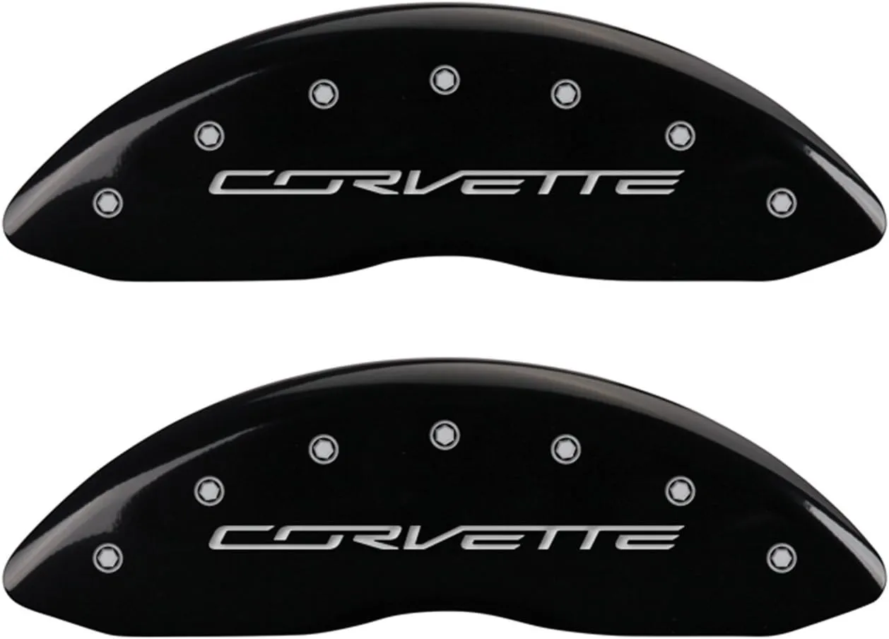 MGP Caliper Covers (13009SCV7BK) 'C7/Corvette' Engraved Front and Rear Caliper Cover with Black Powder Coat Finish and Silver Characters, (Set of 4)