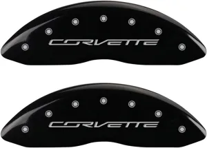 MGP Caliper Covers (13009SCV7BK) 'C7/Corvette' Engraved Front and Rear Caliper Cover with Black Powder Coat Finish and Silver Characters, (Set of 4)