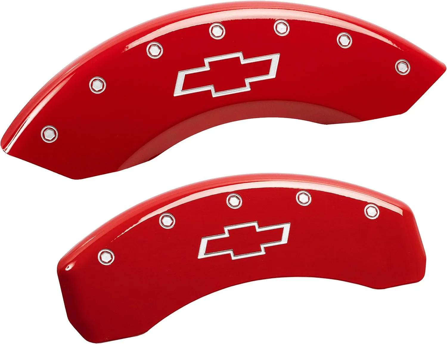 MGP Caliper Covers 14005SBOWRD, Caliper Cover Compatible with Chevrolet Vehicles, Bowtie Engraved Caliper Cover with Red Powder Coat Finish and Silver Characters, 4 Pack