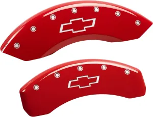 MGP Caliper Covers 14005SBOWRD, Caliper Cover Compatible with Chevrolet Vehicles, Bowtie Engraved Caliper Cover with Red Powder Coat Finish and Silver Characters, 4 Pack