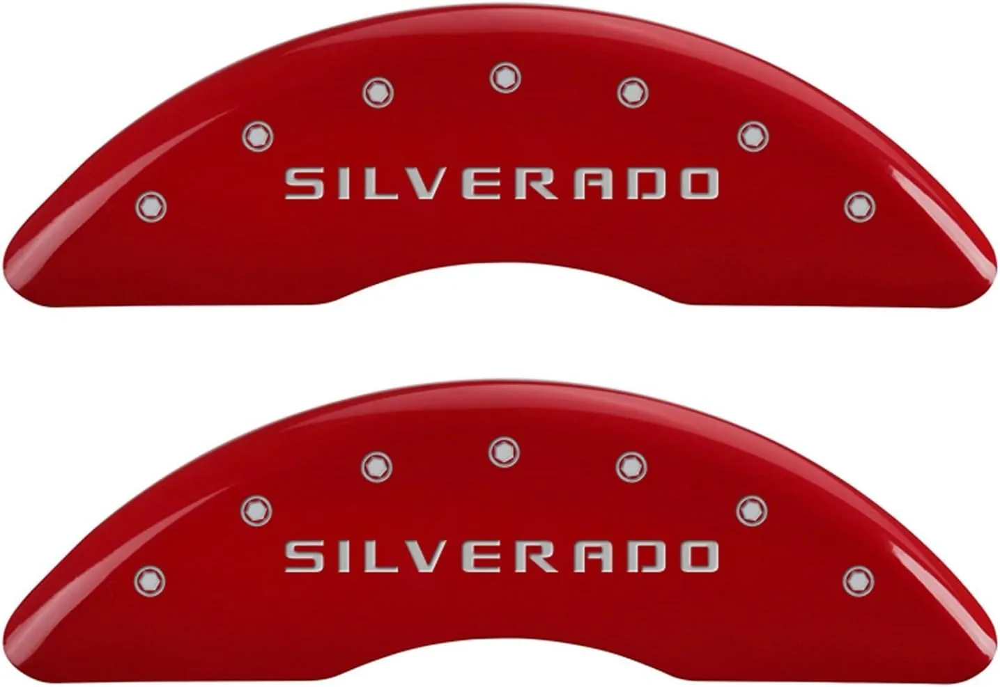 MGP Caliper Covers 14173SSILRD 'SILVERADO' Engraved Caliper Cover with Red Powder Coat Finish and Silver Characters, (Set of 4)