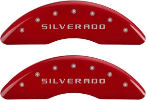 MGP Caliper Covers 14173SSILRD 'SILVERADO' Engraved Caliper Cover with Red Powder Coat Finish and Silver Characters, (Set of 4)