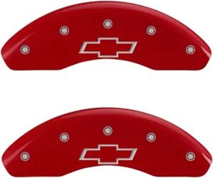 MGP Caliper Covers 14239SBOWRD Red Powder Coat Finish Front and Rear Caliper Cover, Set of 4 (Bowtie Silver Characters, Engraved)