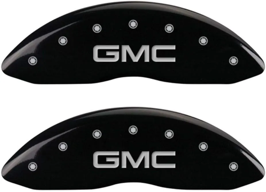 MGP Caliper Covers 34207FGMCBK 'GMC' Engraved Caliper Cover with Black Powder Coat Finish and Silver Characters, (Set of 2)